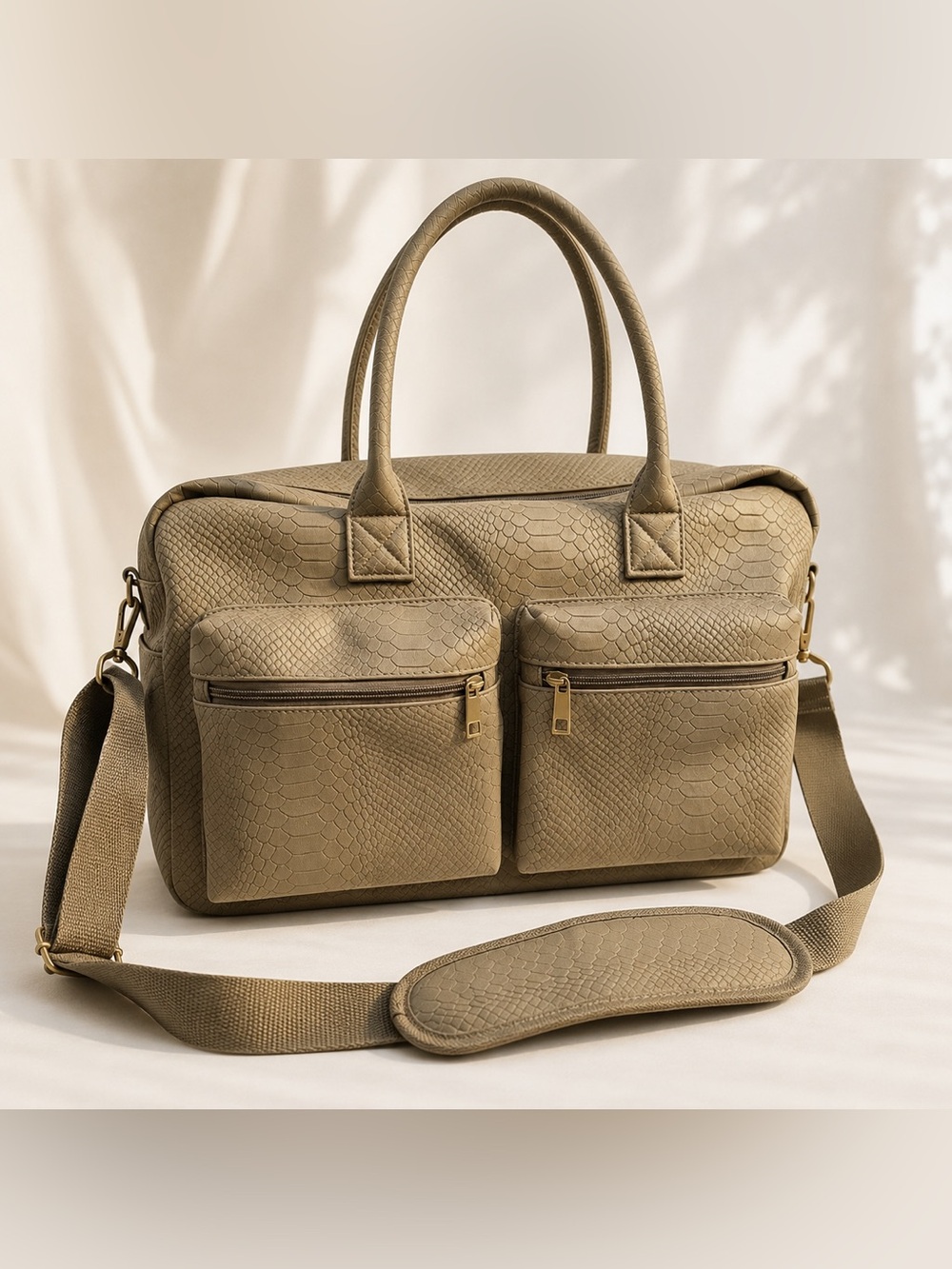Taupe Croc Embossed Weekender Duffel Bag Shoulder Strap Quiet Luxury